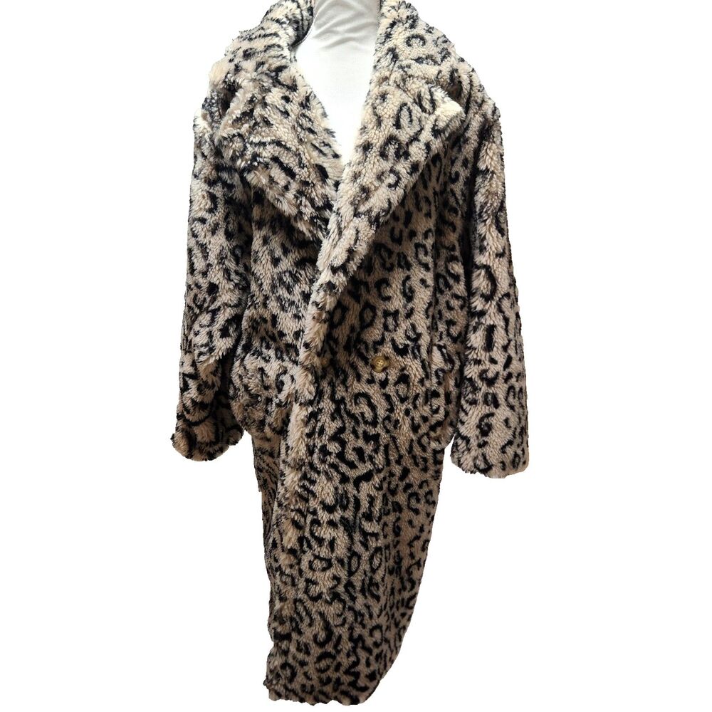 Popski London Coat Shearling Tan Leopard Animal Print Pockets READ Description